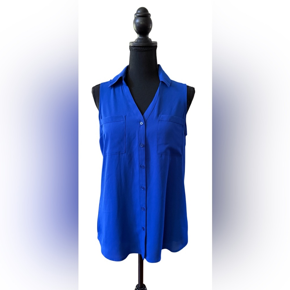 Express: Blue Sleeveless Button-Up Blouse with Cold Shoulder Back